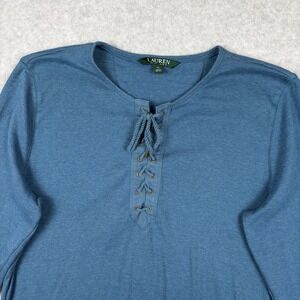 Lauren Ralph Lauren Shirt Women's XL Blue Lace Up Long Sleeve Top Coastal Preppy